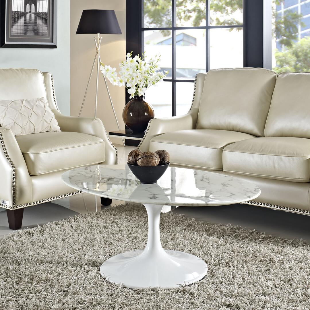 Modway Lippa 42" Oval-Shaped Artificial Marble Coffee Table in White | Coffee Tables | Modishstore