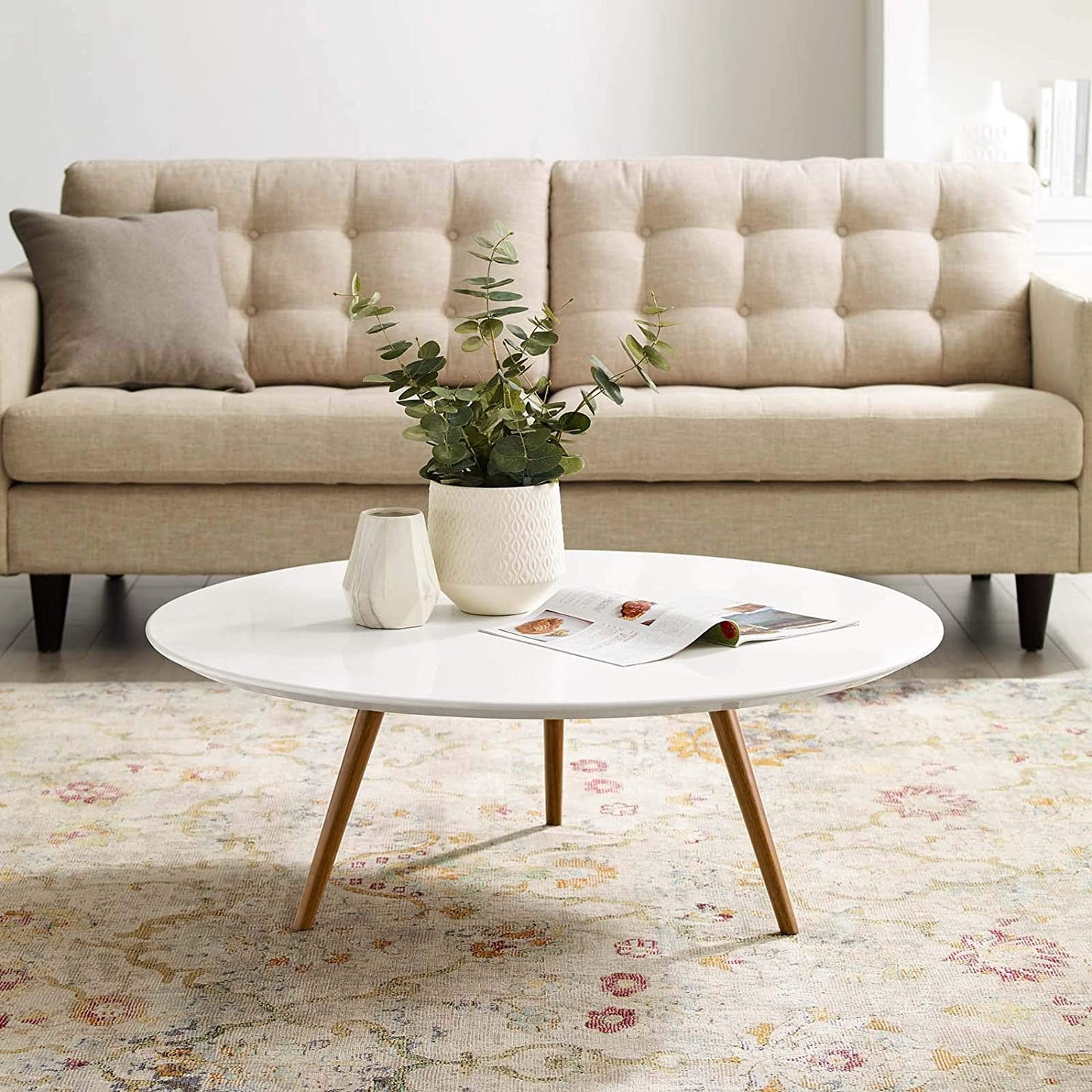 Modway Lippa 40" Round Wood Top Coffee Table with Tripod Base in Walnut White | Coffee Tables | Modishstore