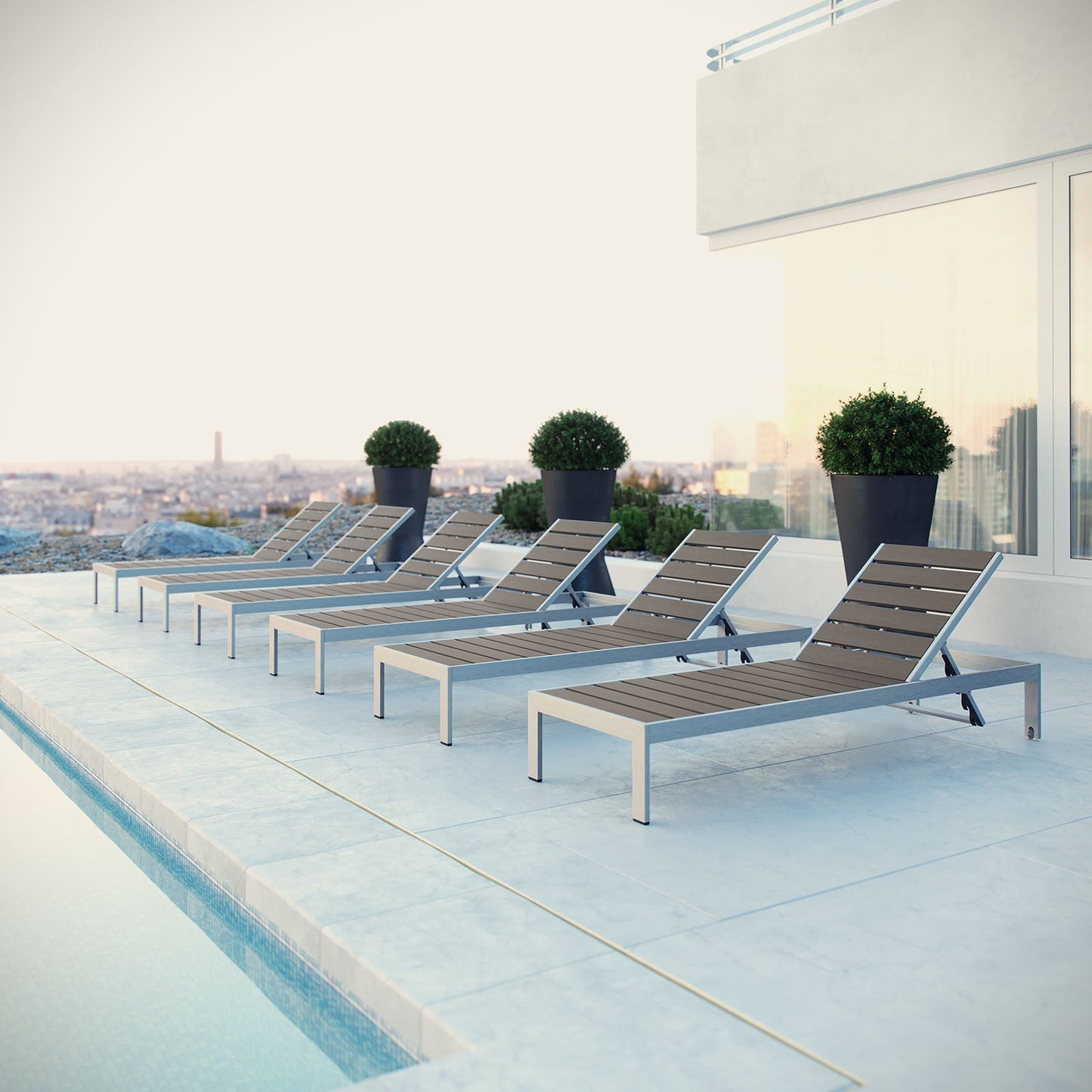 Modway EEI-2469 Shore Set of 6 Outdoor Patio Aluminum Chaise - Silver Gray | Outdoor Recliners & Lounge Chairs