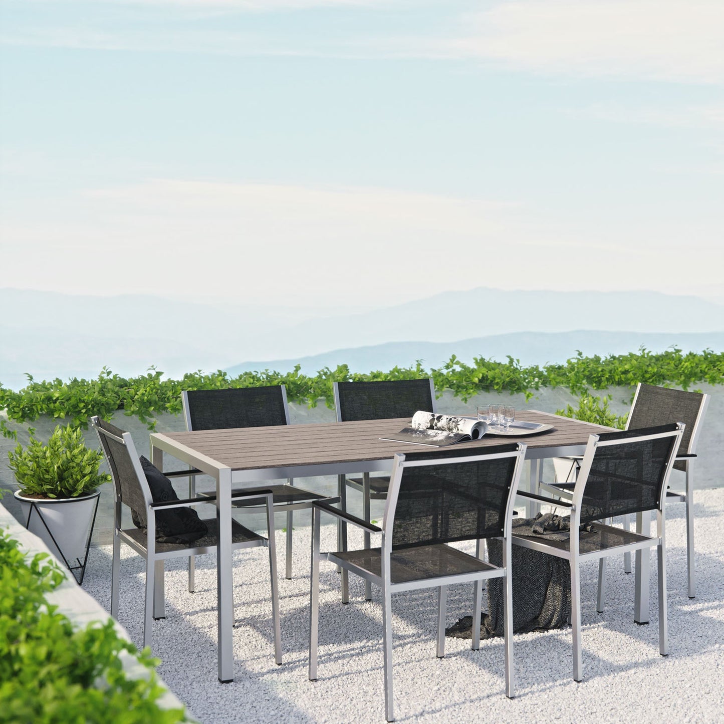 Modway EEI-2486 Shore 7 Piece Outdoor Patio Aluminum Dining Set - Silver Black | Dining Sets