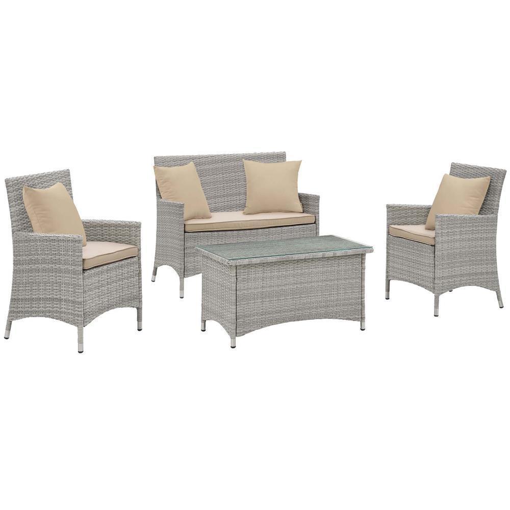 Modway Bridge 4 Piece Outdoor Patio Rattan Conversation Set with Pillows | Outdoor Sofas, Loveseats & Sectionals