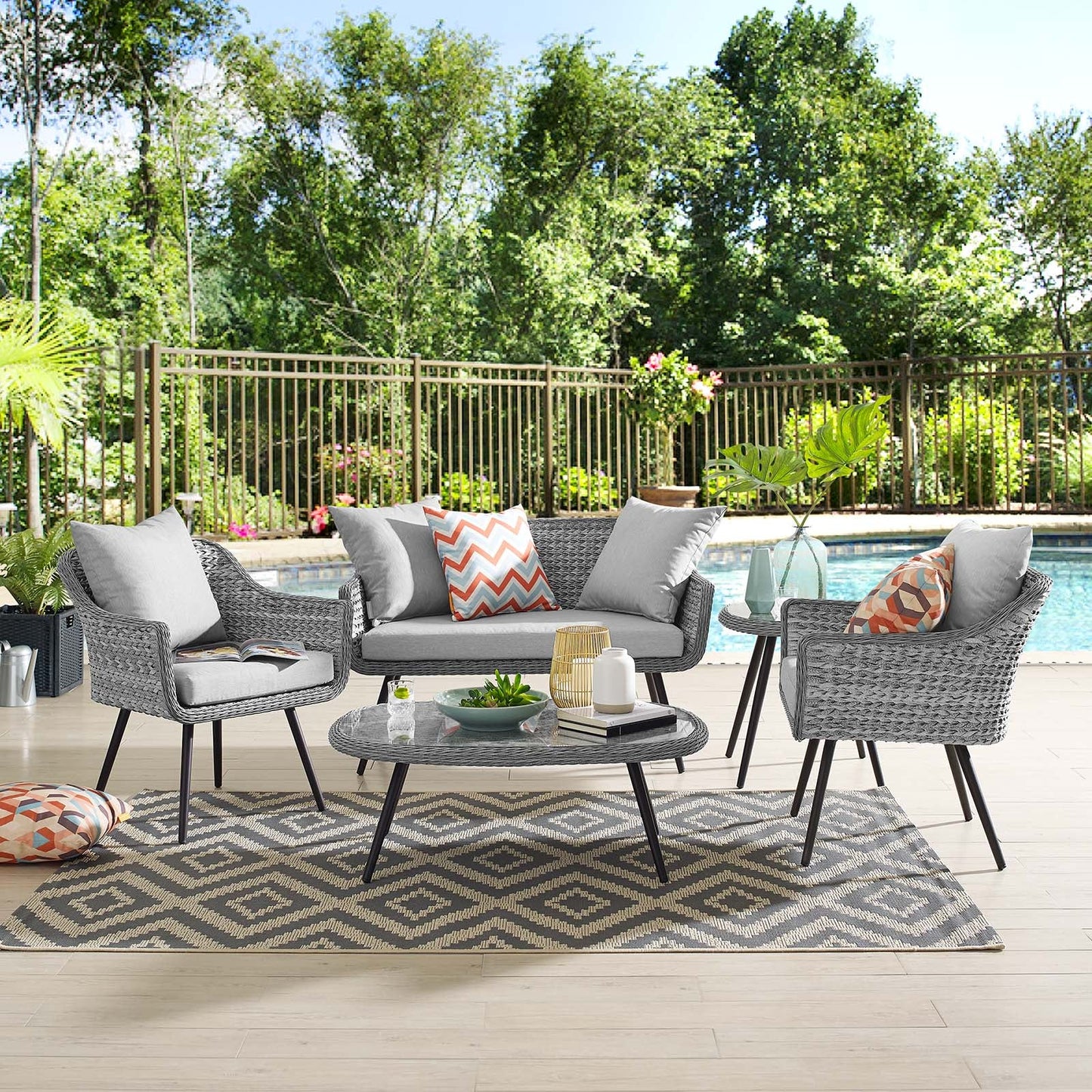 Modway Endeavor 5 Piece Outdoor Patio Wicker Rattan Sectional Sofa Set | Outdoor Sofas, Loveseats & Sectionals