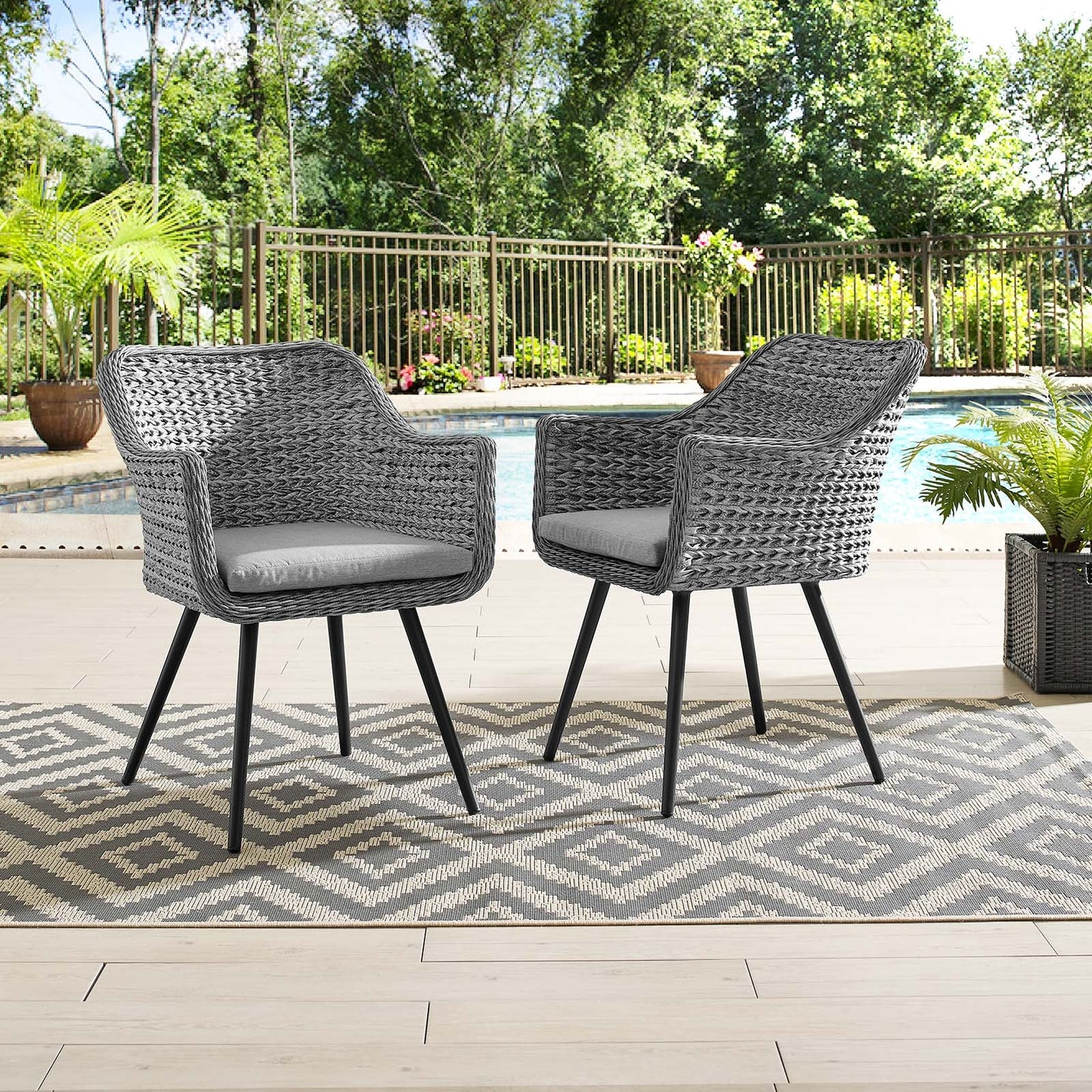 Modway Endeavor Dining Armchair Outdoor Patio Wicker Rattan Set of 2 | Armchairs