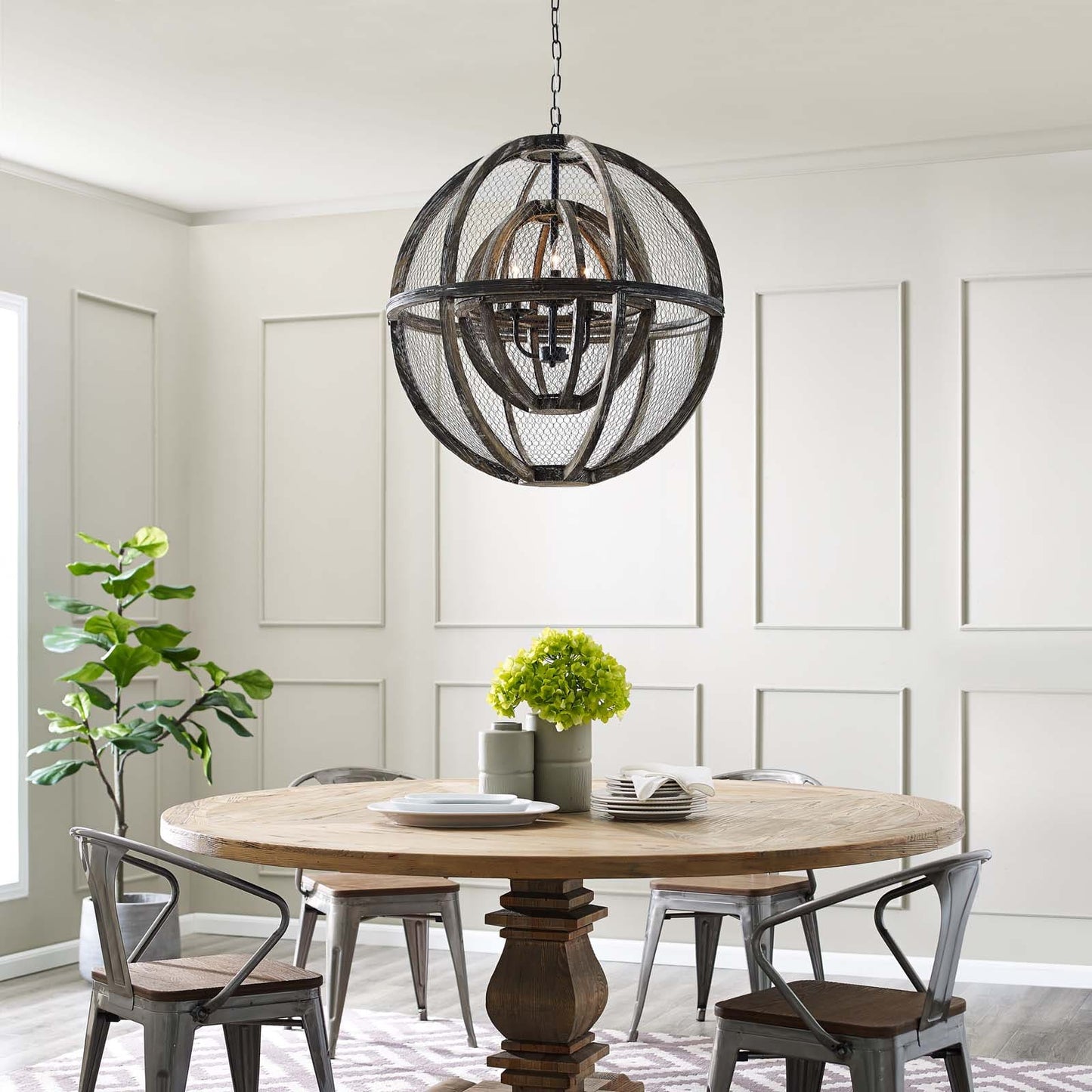 Modway Gravitate Globe Rustic Oak Wood Pendant Light Chandelier | Chandeliers
