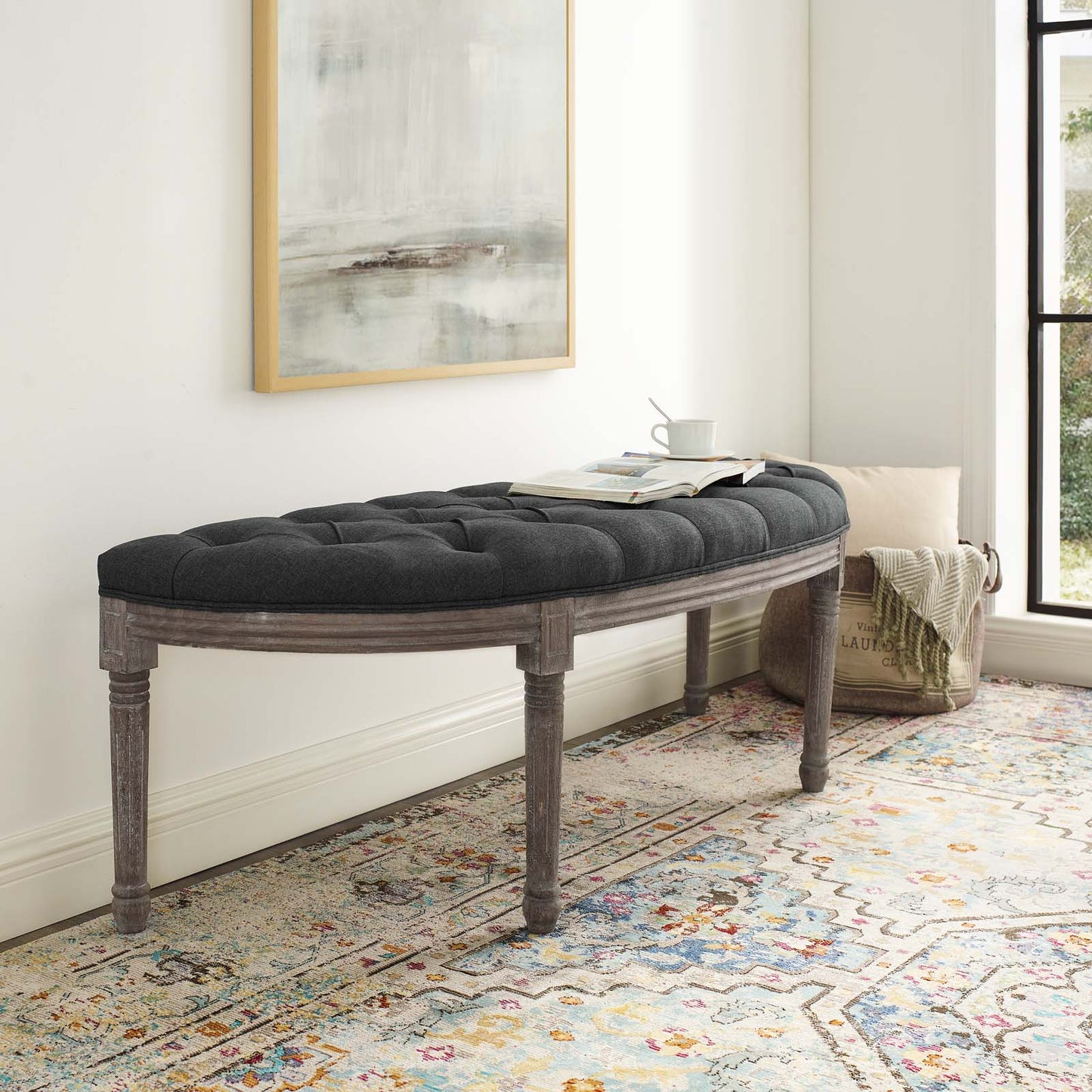 Modway Esteem Vintage French Upholstered Fabric Semi-Circle Bench | Stools & Benches |
