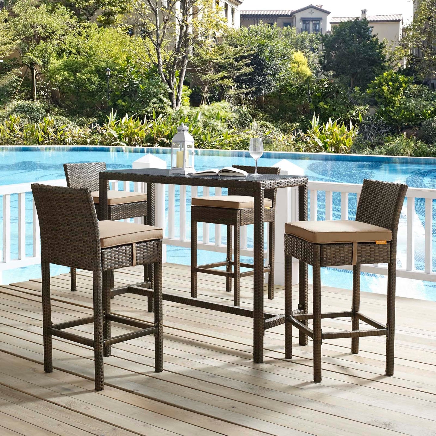 Modway Conduit Bar Stool Outdoor Patio Wicker Rattan Set of 4 | Bar Stools |