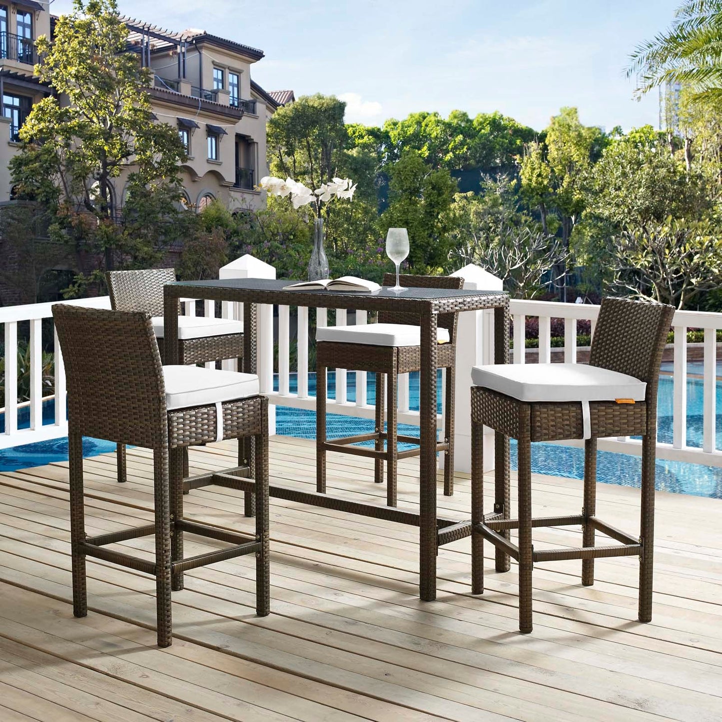 Modway Conduit Bar Stool Outdoor Patio Wicker Rattan Set of 4 | Bar Stools |