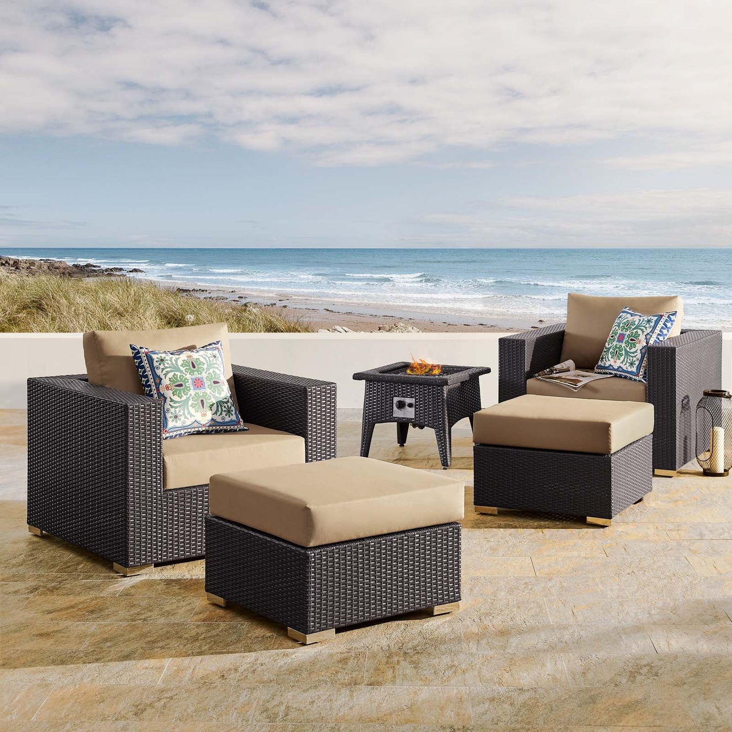 Modway Convene 5 Piece Set Outdoor Patio with Fire Pit-EEI-3726 | Outdoor Sofas, Loveseats & Sectionals |