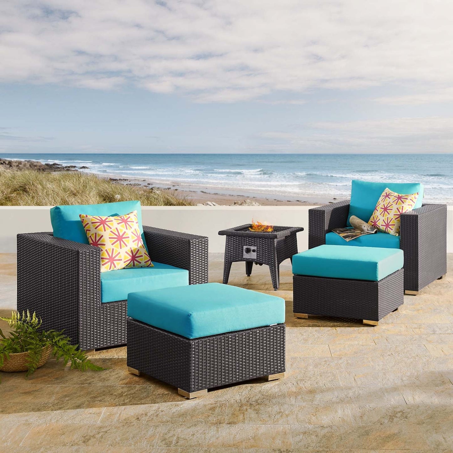 Modway Convene 5 Piece Set Outdoor Patio with Fire Pit-EEI-3726 | Outdoor Sofas, Loveseats & Sectionals