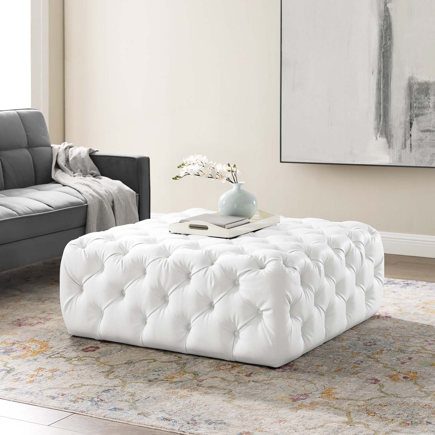 Modway Anthem Tufted Button Large Square Faux Leather Ottoman | Ottomans