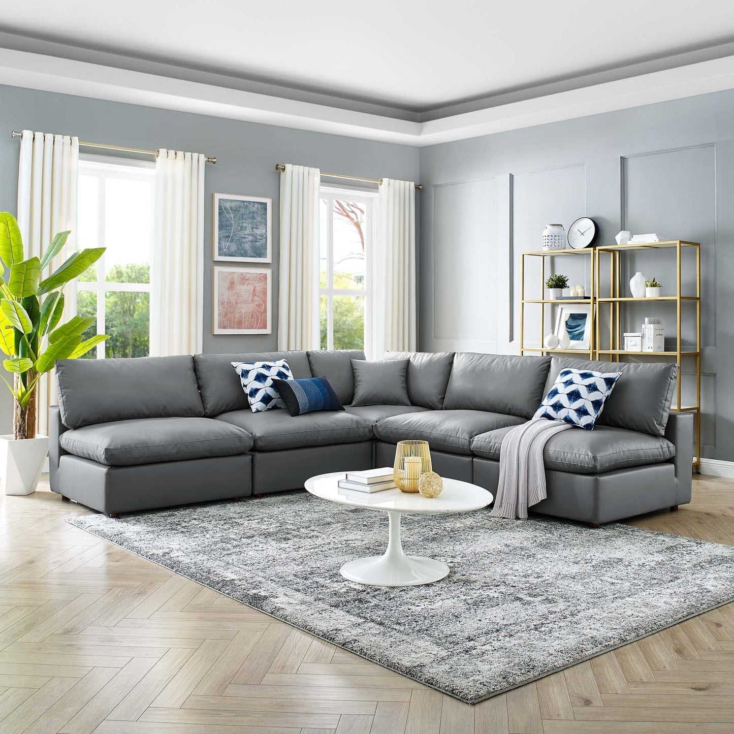 New Modway Commix Down Filled Overstuffed Vegan Leather 5-Piece Sectional Sofa EEI-4919-GRY | |
