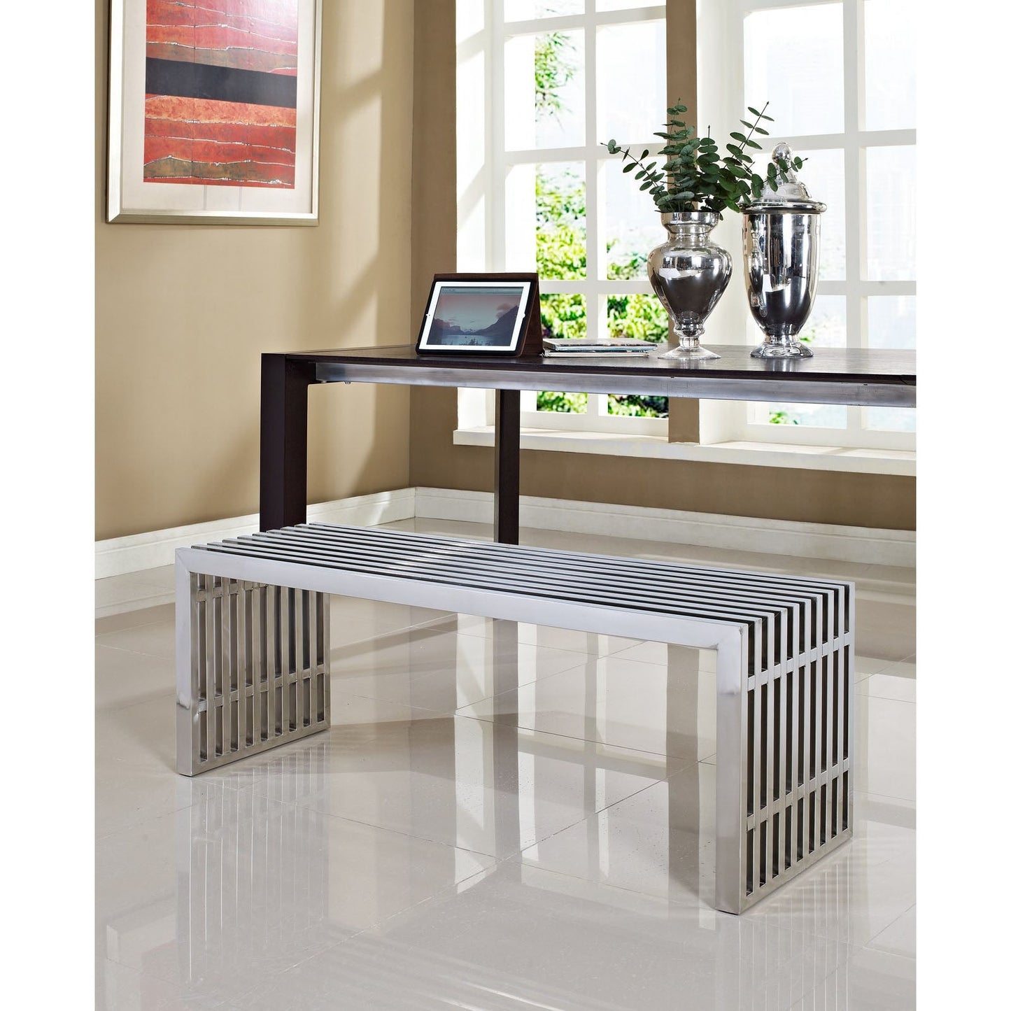 Modway Gridiron Medium Stainless Steel Bench - Silver | Stools & Benches