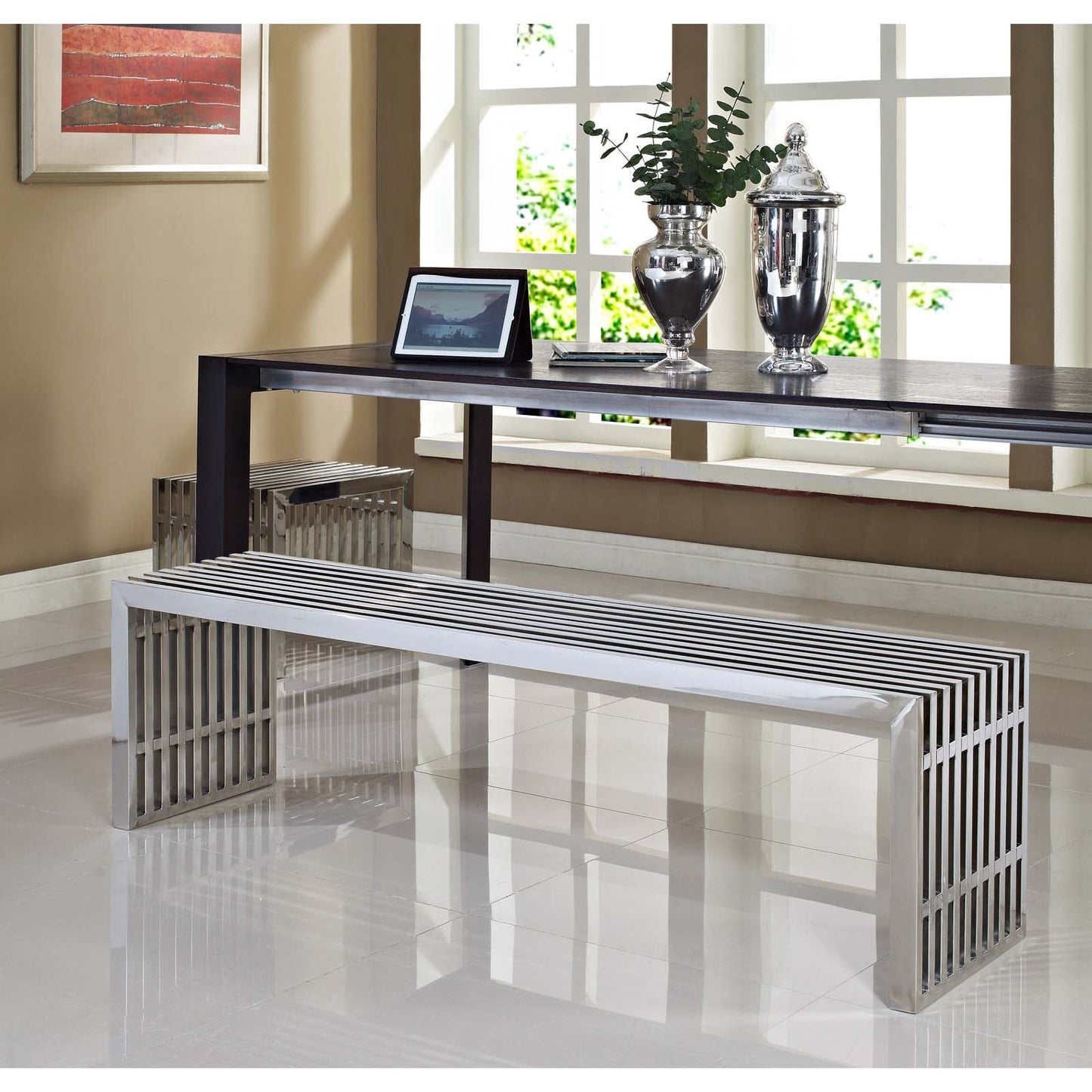 Modway Gridiron Benches Set of 2 - Silver | Stools & Benches