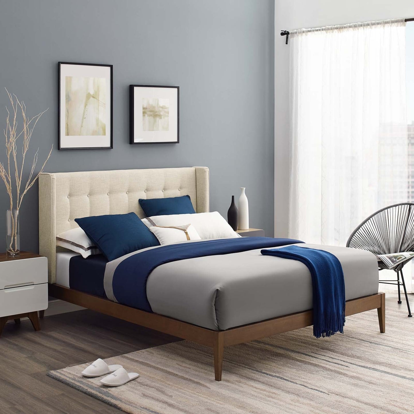 Modway Hadley Queen Wingback Upholstered Polyester Fabric Platform Bed | Beds