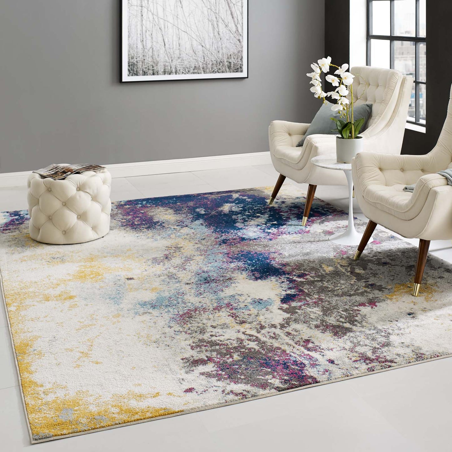 Modway Entourage Adeline Contemporary Modern Abstract 8x10 Area Rug Blue, Gray, Yellow, Ivory, Pink | Rugs