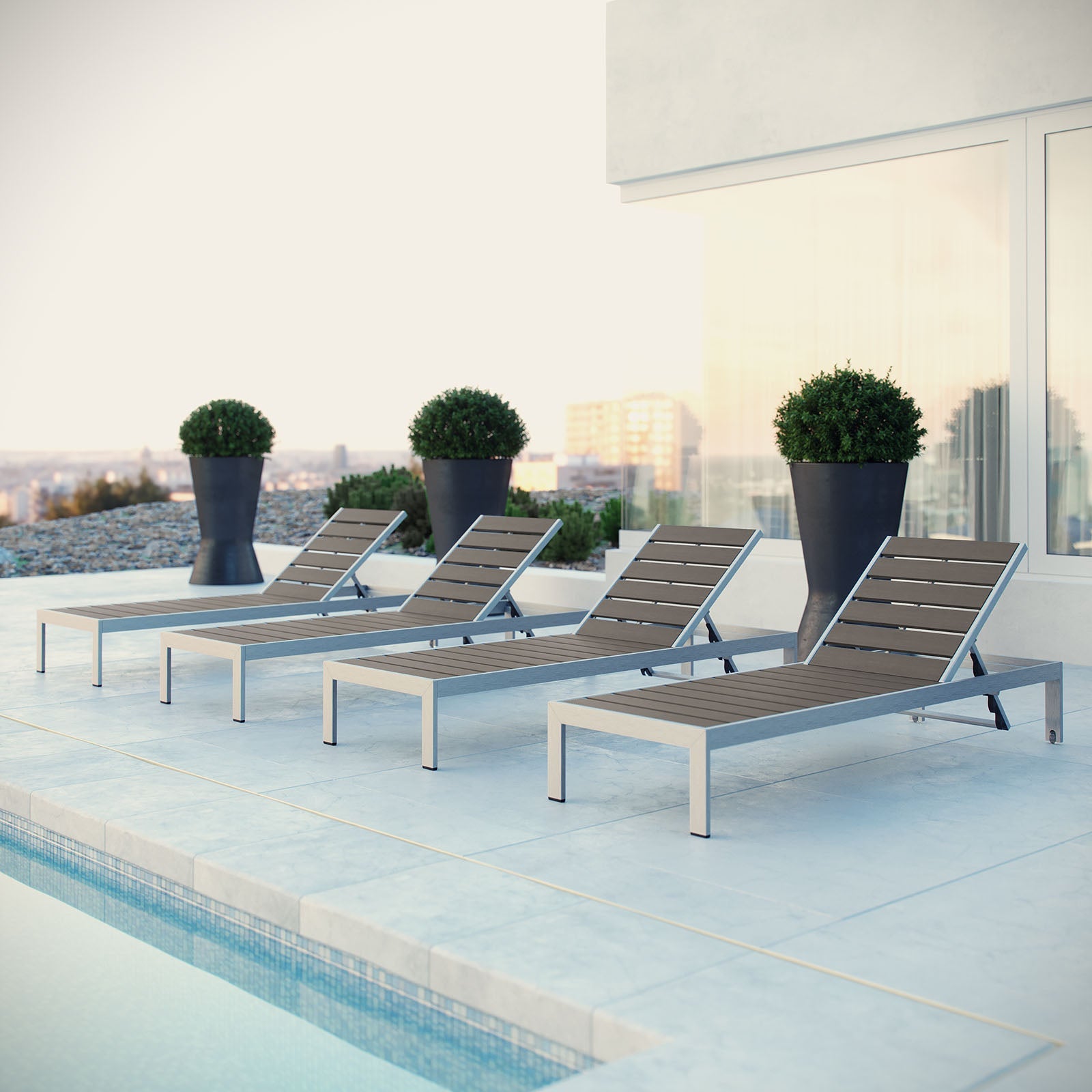 Modway EEI-2468 Shore Set of 4 Outdoor Patio Aluminum Chaise - Silver Gray | Outdoor Recliners & Lounge Chairs