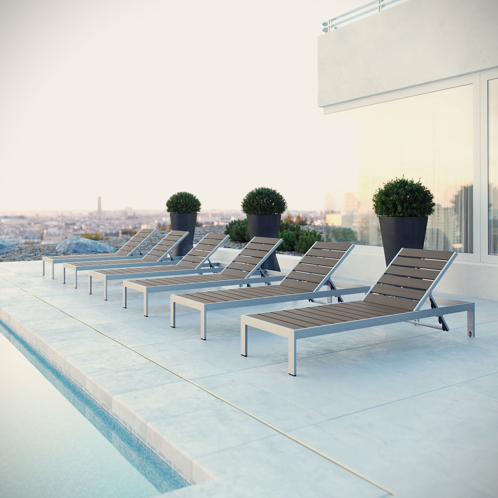 Modway EEI-2469 Shore Set of 6 Outdoor Patio Aluminum Chaise - Silver Gray | Outdoor Recliners & Lounge Chairs