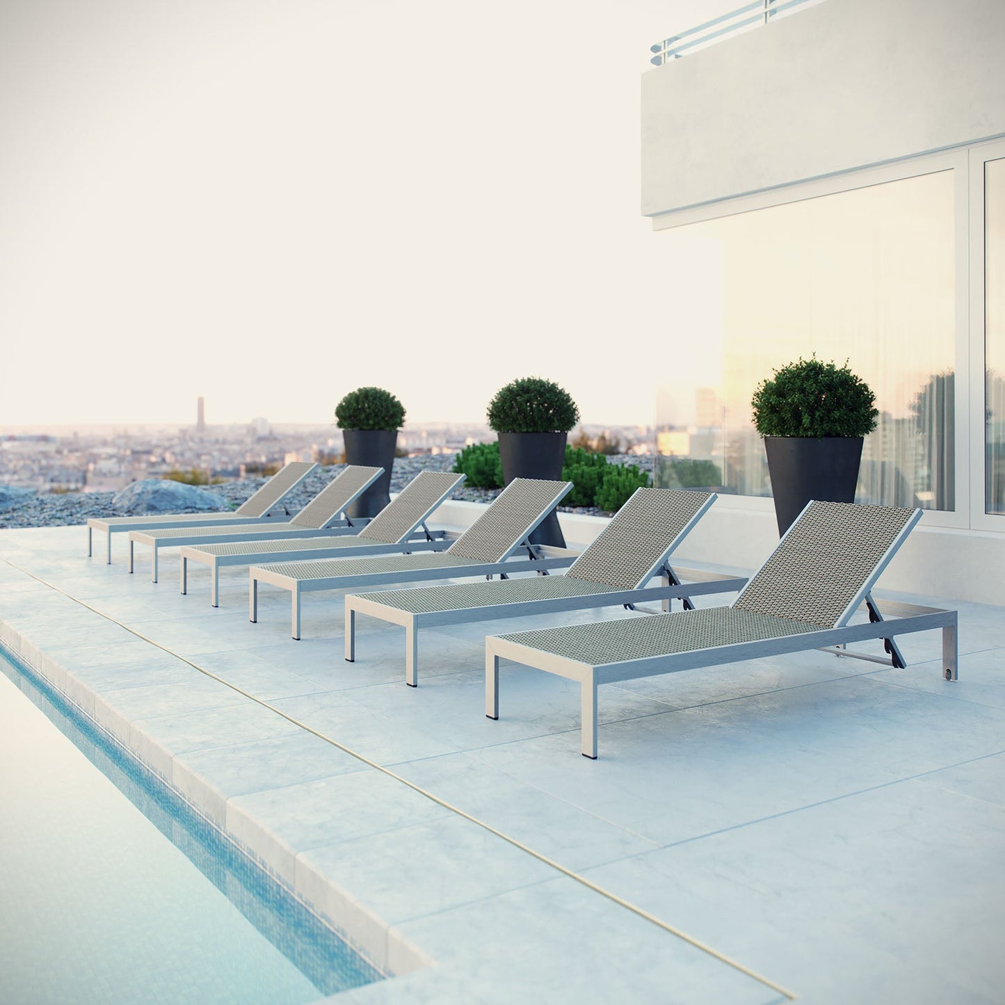 Modway EEI-2479 Shore Set of 6 Outdoor Patio Aluminum Chaise - Silver Gray | Outdoor Recliners & Lounge Chairs