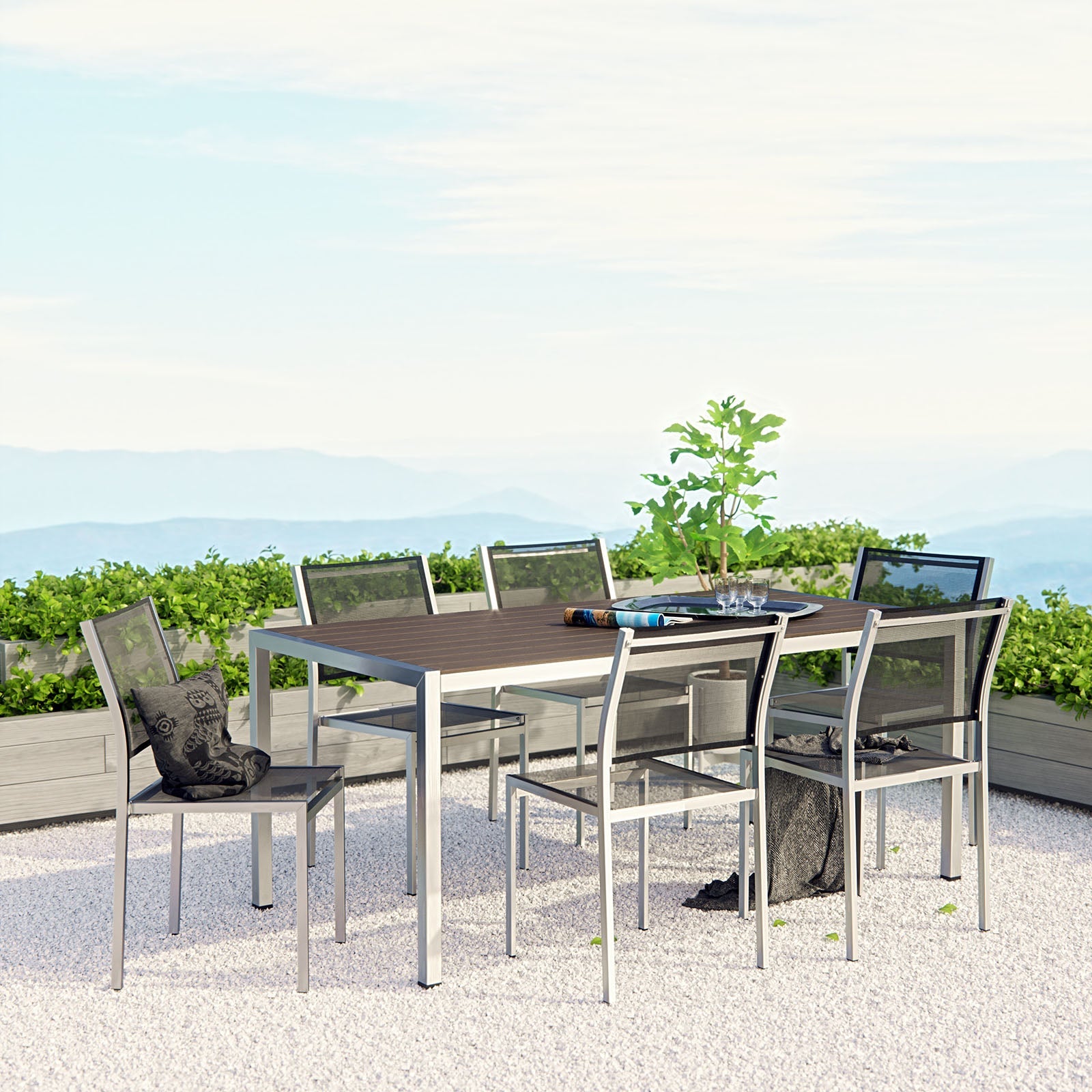 Modway EEI-2485 Shore 7 Piece Outdoor Patio Aluminum Dining Set - Silver Black | Dining Sets