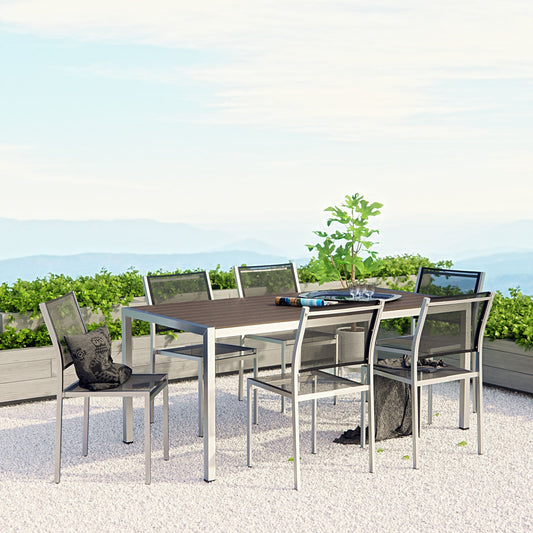 Modway EEI-2485 Shore 7 Piece Outdoor Patio Aluminum Dining Set - Silver Black | Dining Sets