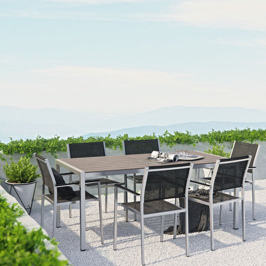 Modway EEI-2486 Shore 7 Piece Outdoor Patio Aluminum Dining Set - Silver Black | Dining Sets
