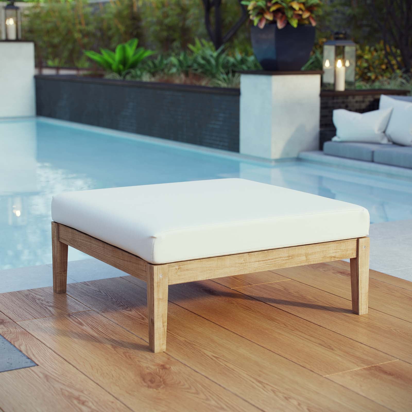 Modway Bayport Outdoor Patio Teak Ottoman - Natural White | Outdoor Ottoman