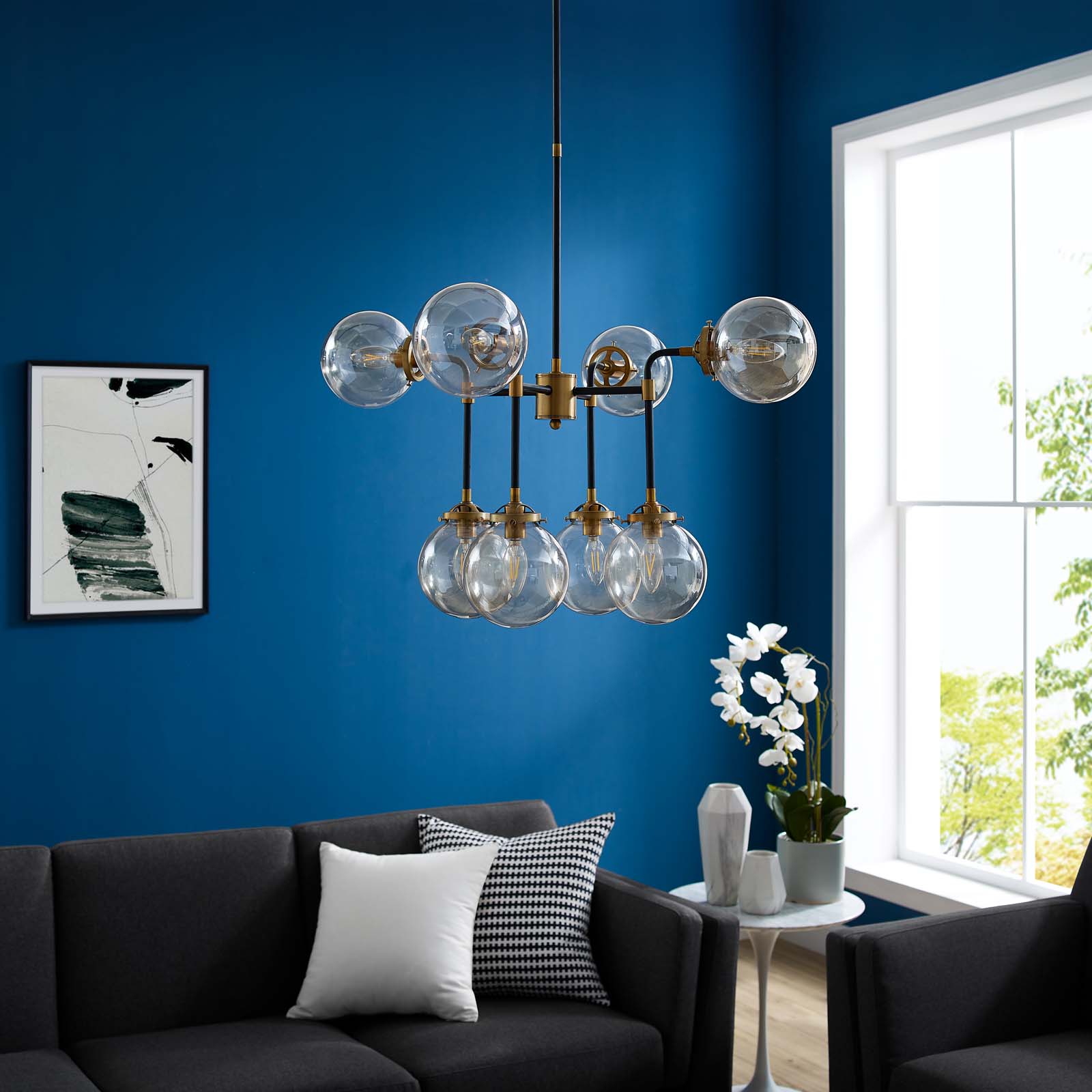 Modway Ambition Amber Glass And Antique Brass 8 Lights Pendant Chandelier | Chandeliers