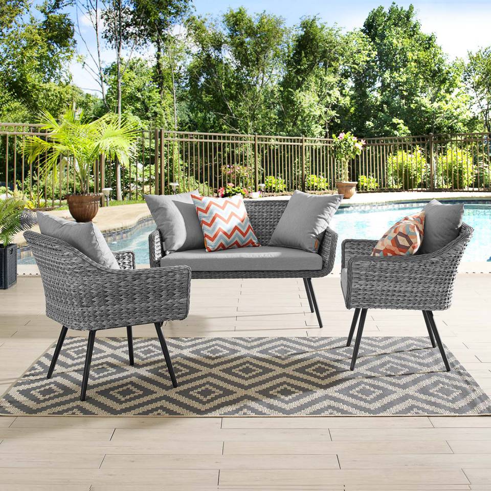 Modway Endeavor 3 Piece Outdoor Patio Wicker Rattan Loveseat and Armchair Set | Armchairs