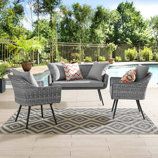 Modway Endeavor 3 Piece Outdoor Patio Wicker Rattan Loveseat and Armchair Set | Armchairs