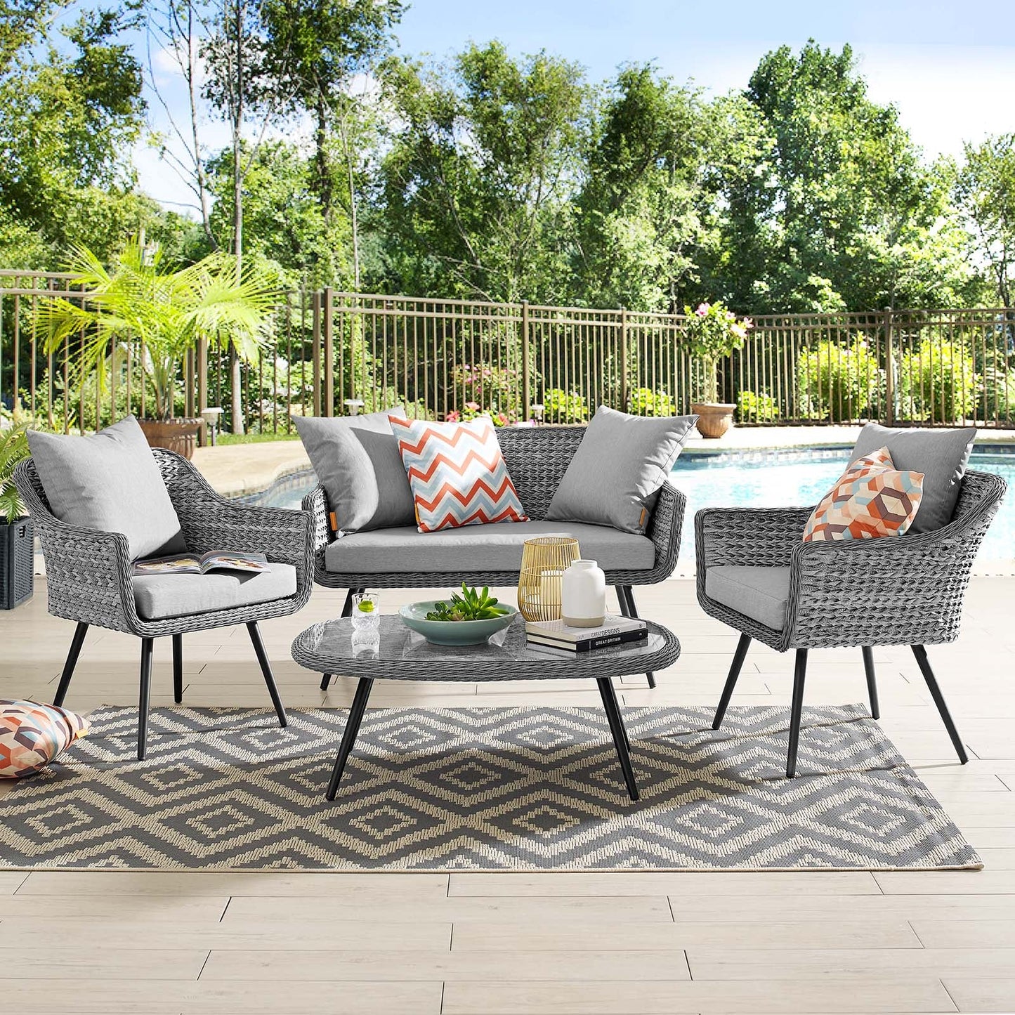 Modway Endeavor 4 Piece Outdoor Patio Wicker Rattan Sectional Sofa Set | Outdoor Sofas, Loveseats & Sectionals
