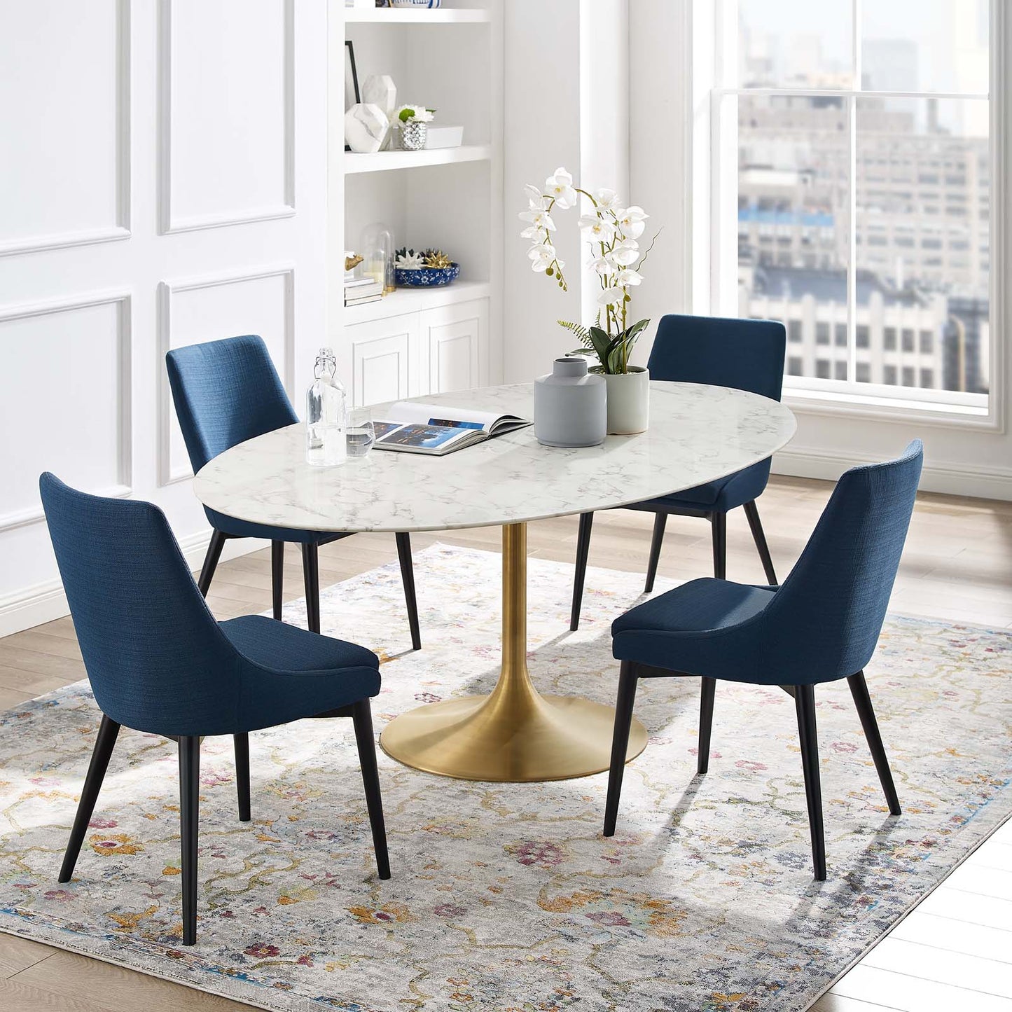 Modway Lippa 78" Oval Artificial Marble Dining Table in Gold White | Dining Tables | Modishstore