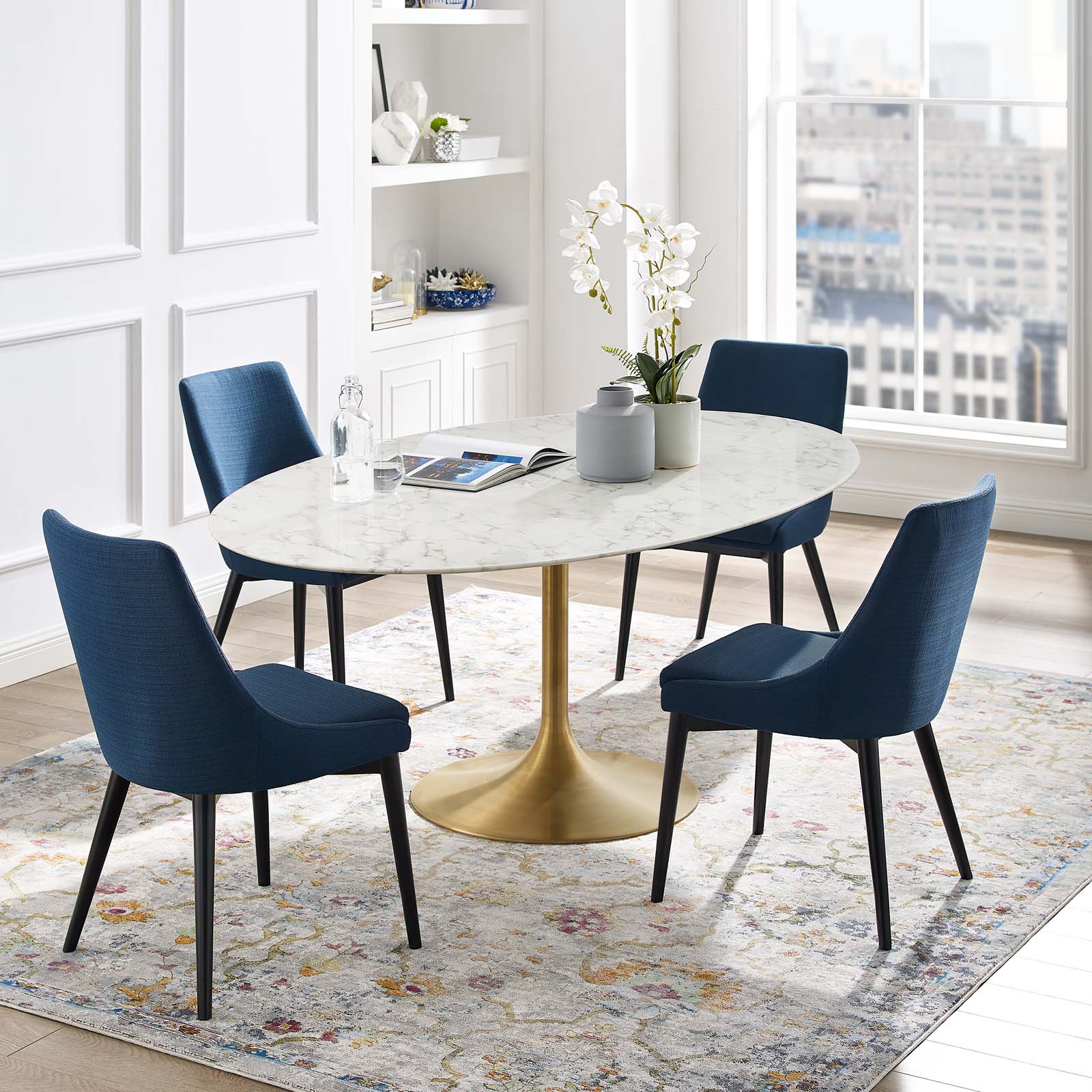 Modway Lippa 78" Oval Artificial Marble Dining Table in Gold White | Dining Tables | Modishstore