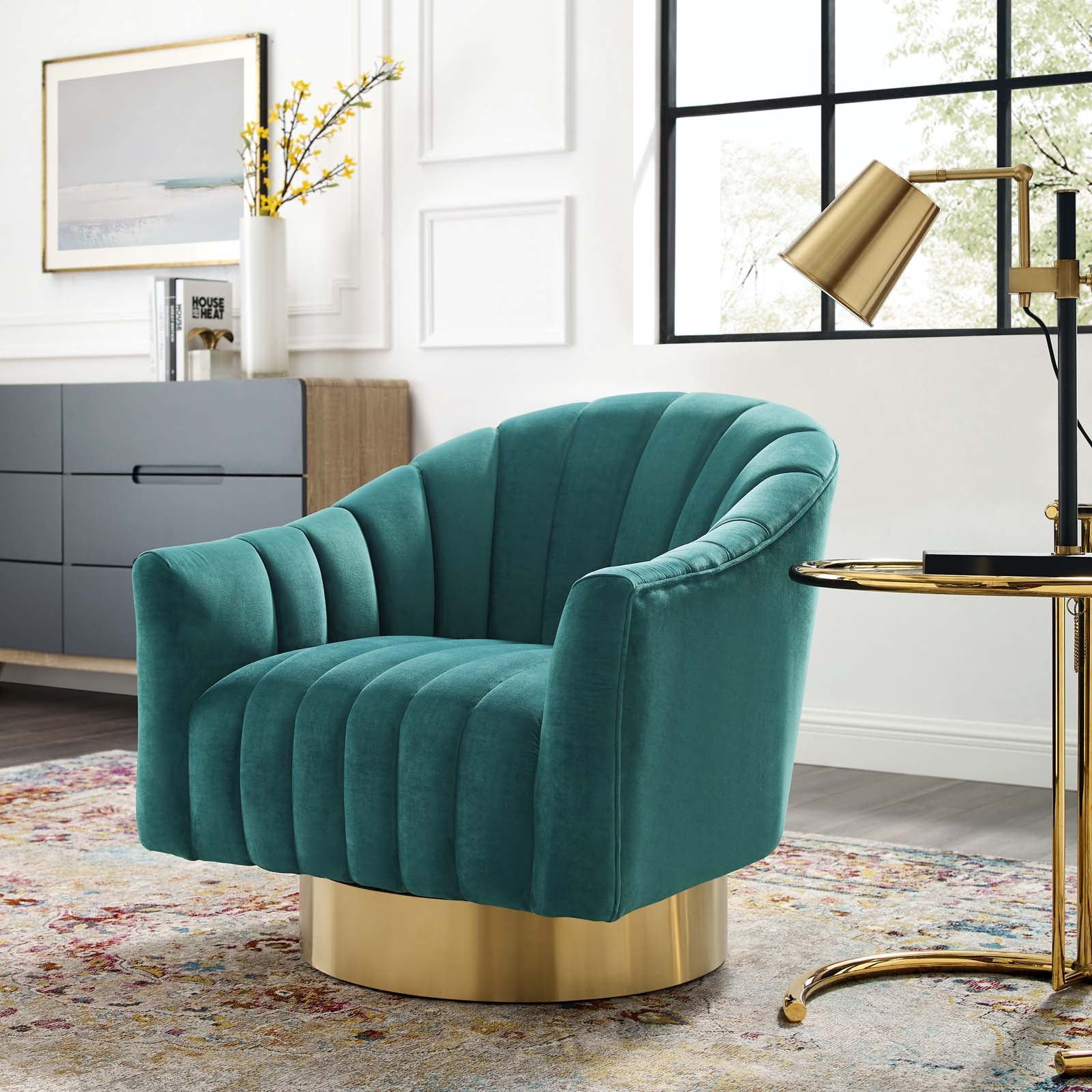 Modway Buoyant Vertical Channel Tufted Accent Lounge Performance Velvet Swivel Chair | Lounge Chairs | 