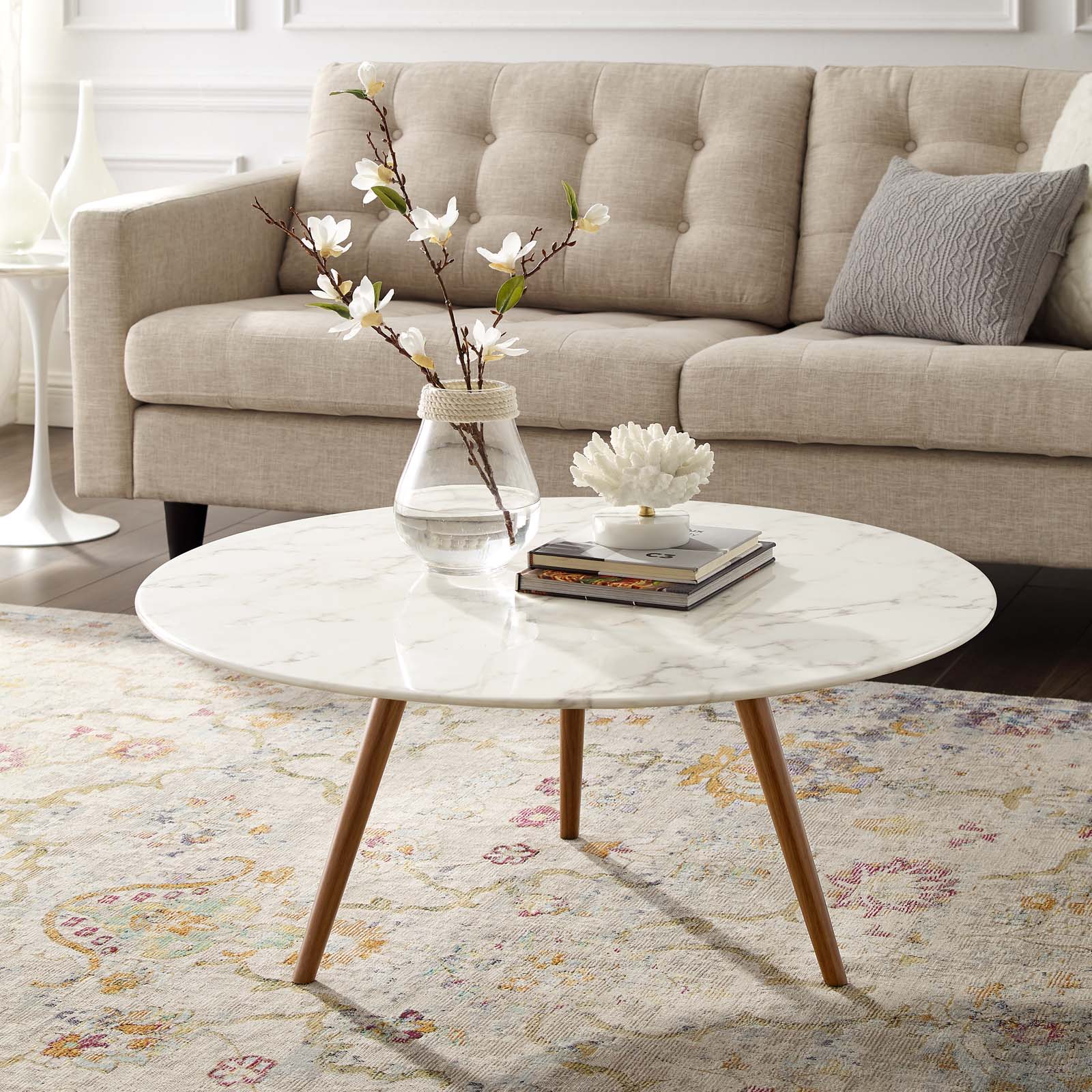 Modway Lippa 36" Round Artificial Marble Coffee Table with Tripod Base | Coffee Tables | Modishstore