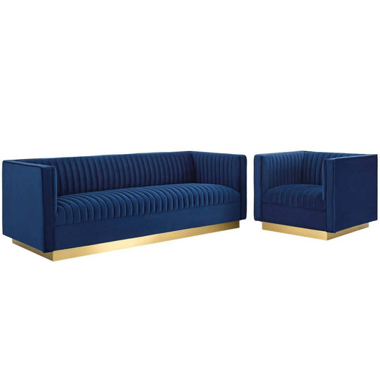 Modway Sanguine Tufted Upholstered Velvet Sofa and Armchair Set - EEI-4143 - Navy