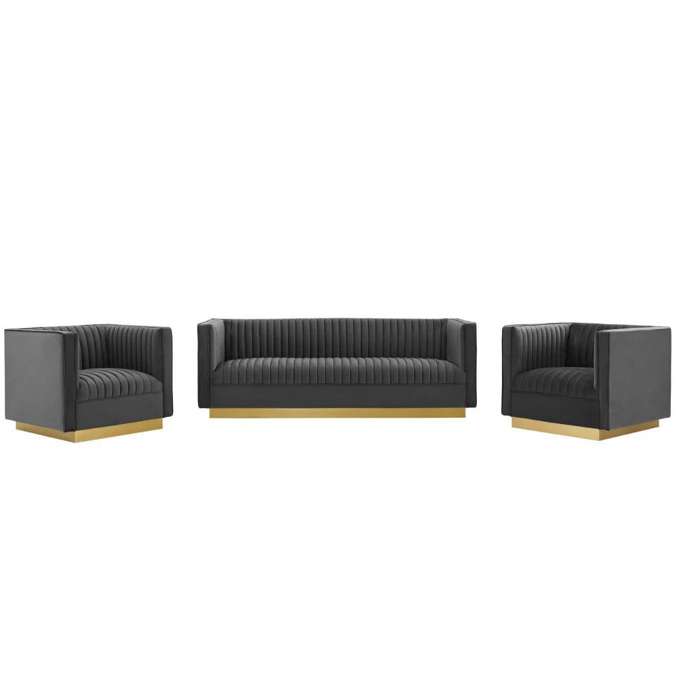 Modway Sanguine 3 Piece Vertical Channel Tufted Upholstered Performance Velvet Set - EEI-4144 - Gray