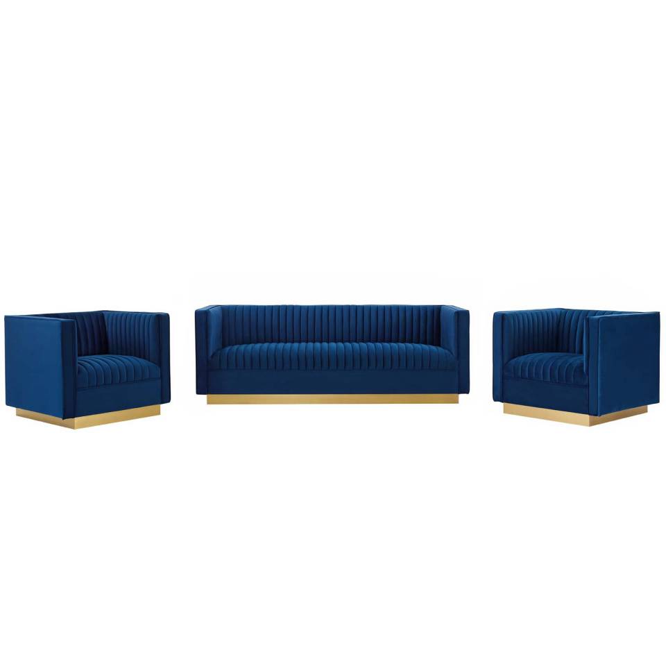 Modway Sanguine 3 Piece Vertical Channel Tufted Upholstered Performance Velvet Set | Sofas | Modishstore-7