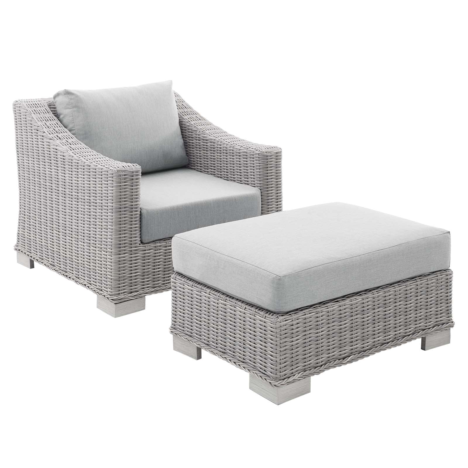 Modway Conway Sunbrella® Outdoor Patio Wicker Rattan 2-Piece Armchair and Ottoman Set | Outdoor Chairs
