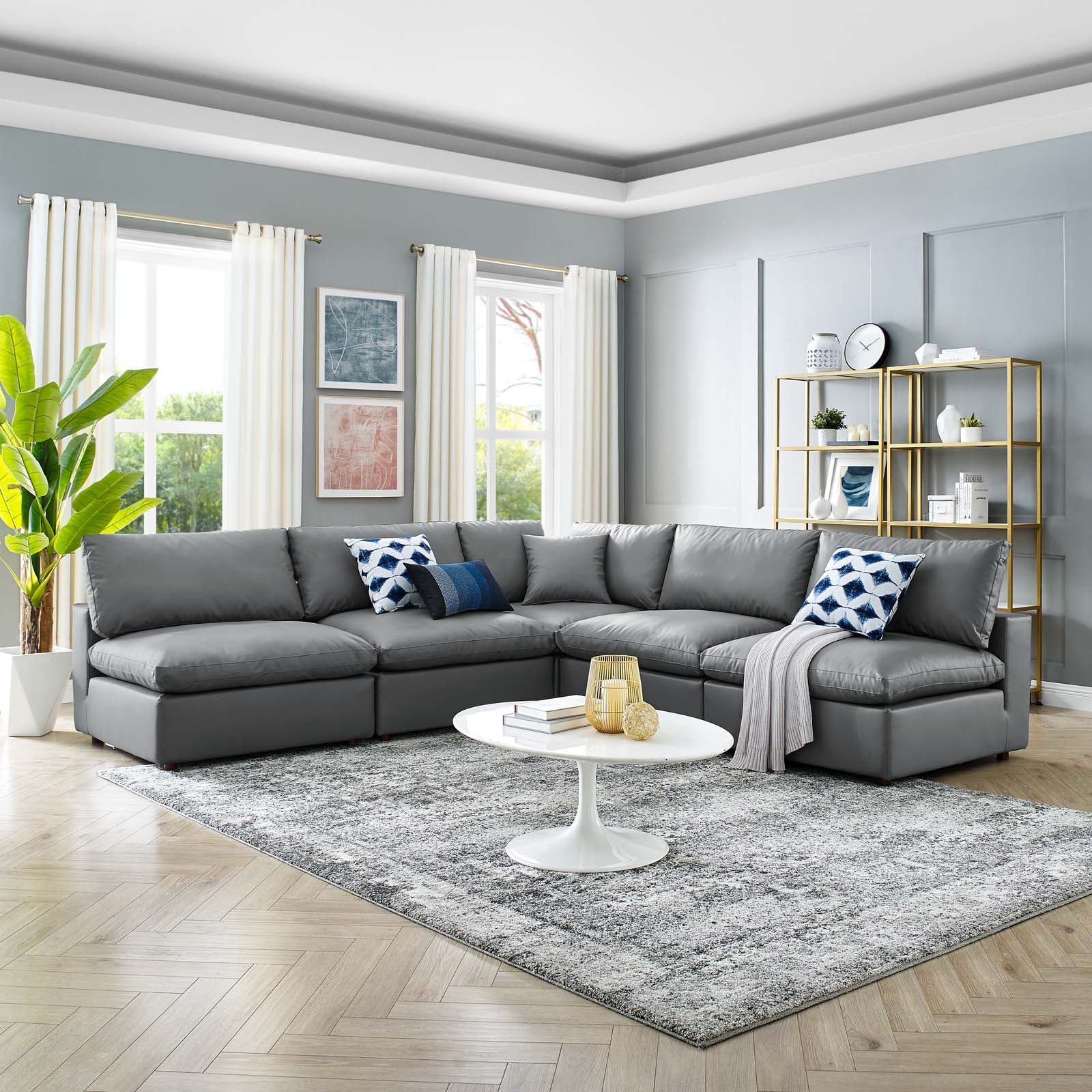 New Modway Commix Down Filled Overstuffed Vegan Leather 5-Piece Sectional Sofa EEI-4919-GRY |  | 