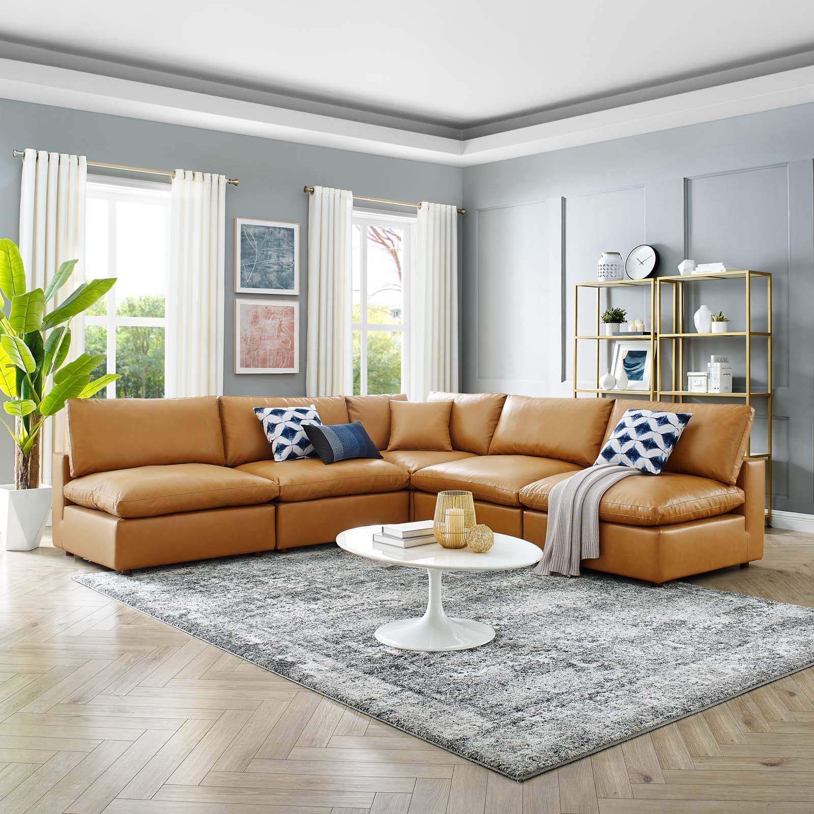 New Modway Commix Down Filled Overstuffed Vegan Leather 5-Piece Sectional Sofa EEI-4919-GRY | 