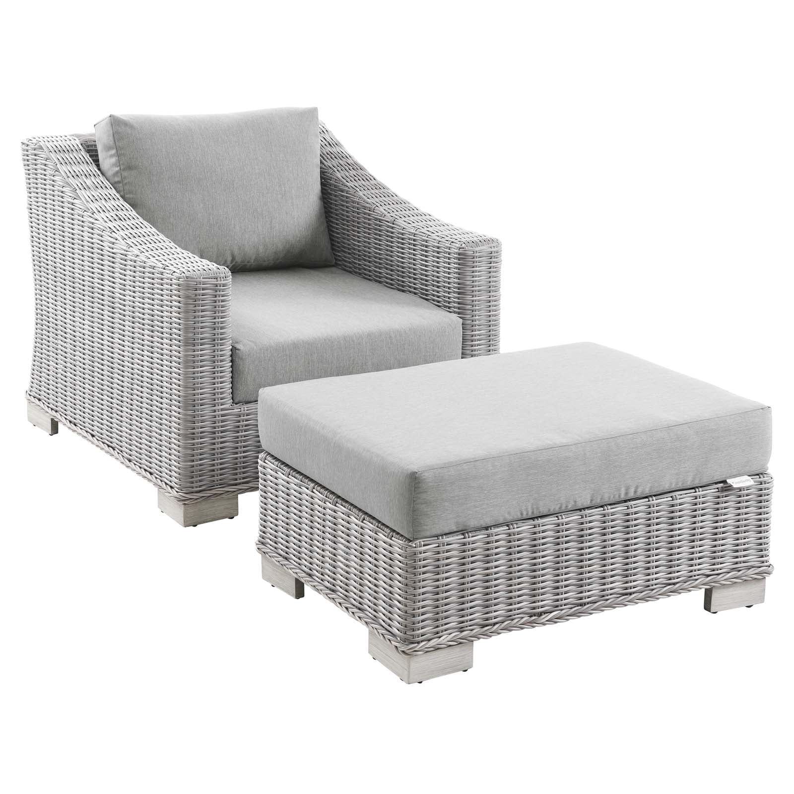 Modway Conway Outdoor Patio Wicker Rattan 2-Piece Armchair and Ottoman Set | Outdoor Chairs