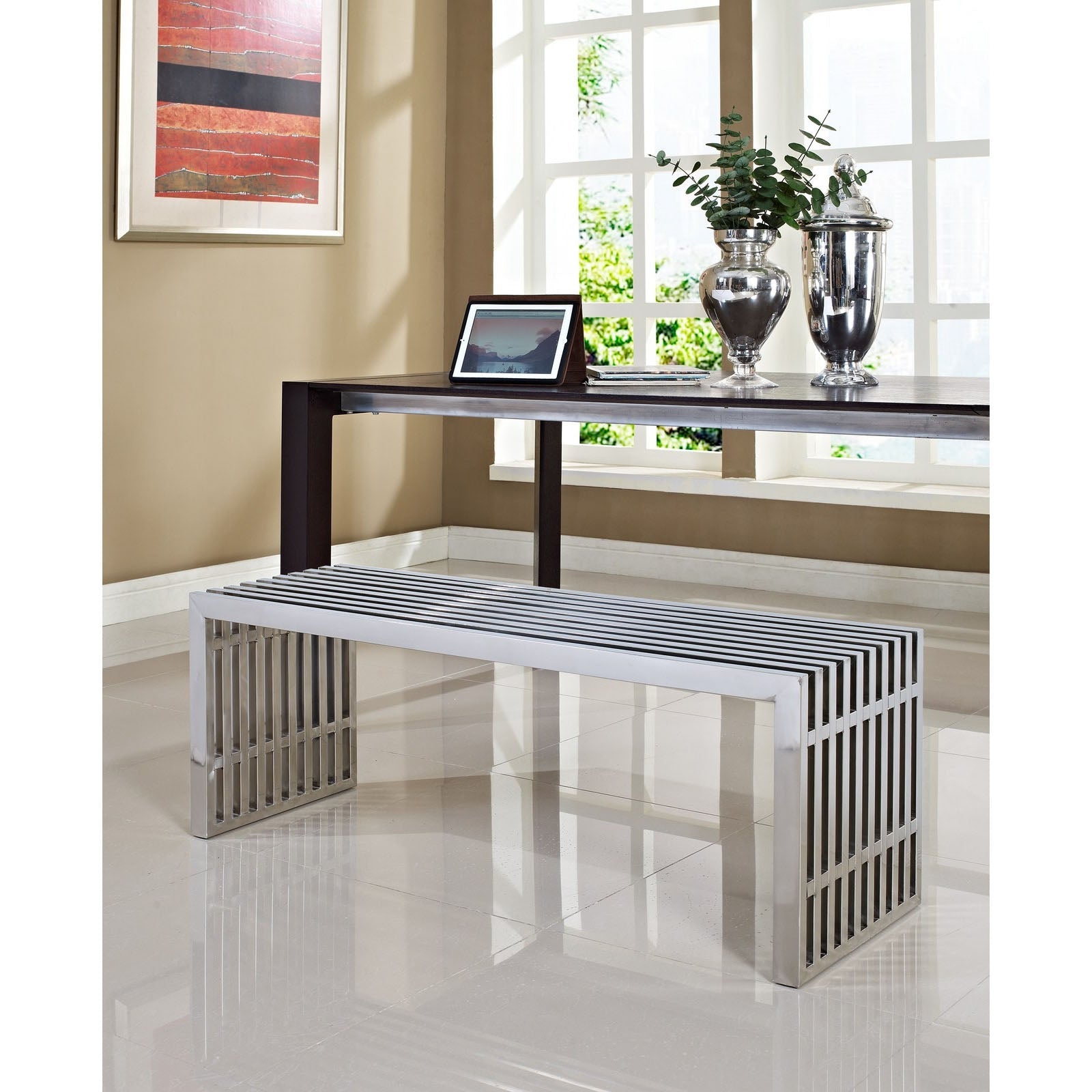 Modway Gridiron Medium Stainless Steel Bench - Silver | Stools & Benches