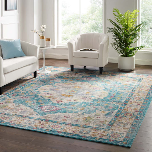 Modway Success Anisah Distressed Vintage Floral Persian Medallion 8x10 Area Rug Light Blue, Ivory, Yellow, Orange | Rugs | Modishstore