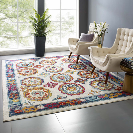Modway Entourage Odile Transitional Distressed Vintage Floral Moroccan Trellis 8x10 Area Rug Ivory, Blue, Red, Orange, Yellow | Rugs