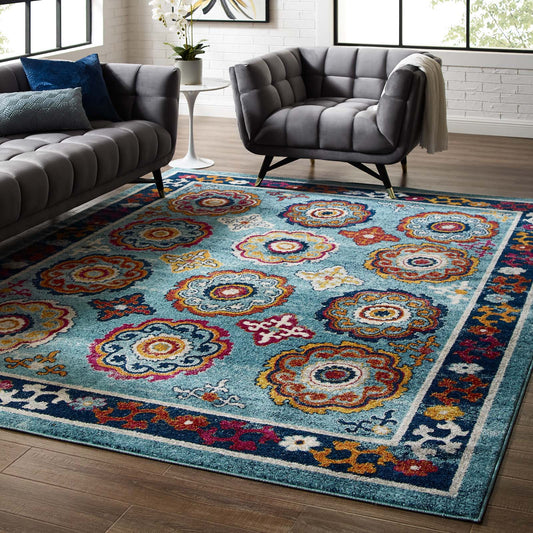 Modway Entourage Odile Transitional Distressed Vintage Floral Moroccan Trellis 8x10 Area Rug Blue, Red, Orange Yellow | Rugs