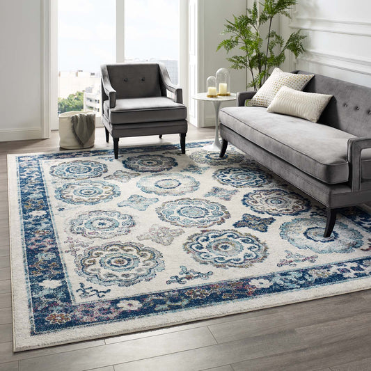 Modway Entourage Odile Transitional Distressed Vintage Floral Moroccan Trellis 8x10 Area Rug Ivory and Blue | Rugs