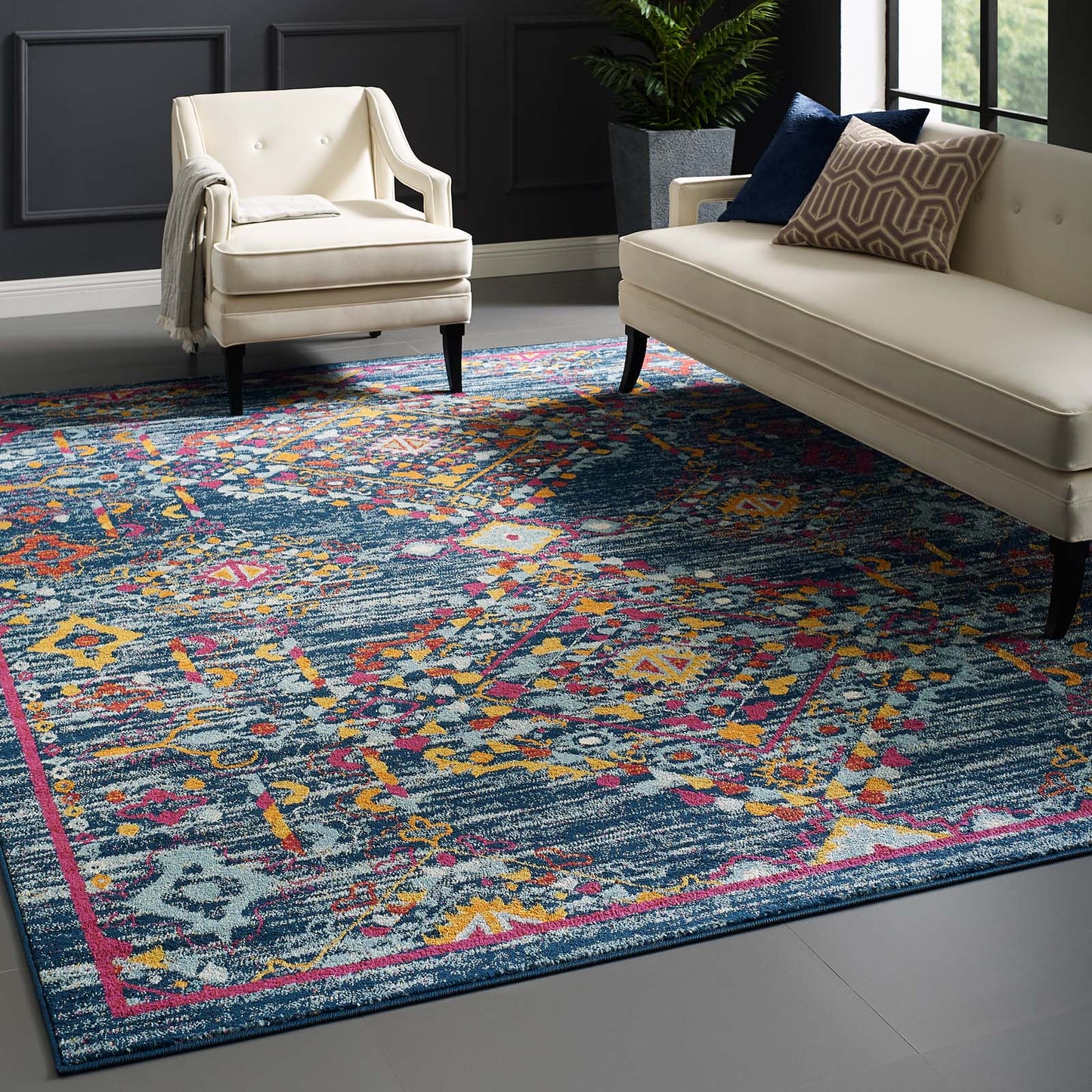 Modway Entourage Khalida Distressed Vintage Floral Lattice 8x10 Area Rug Blue, Orange, Yellow, Red | Rugs