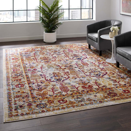 Modway Entourage Jessa Distressed Vintage Floral Lattice 8x10 Area Rug Ivory, Blue, Orange, Yellow, Red | Rugs