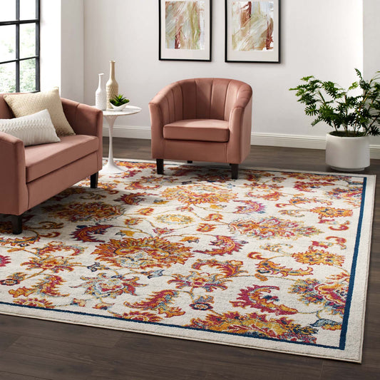 Modway Entourage Azami Distressed Vintage Floral Lattice 8x10 Area Rug Ivory, Blue, Orange, Yellow, Red | Rugs