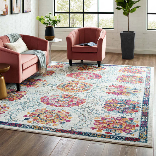 Modway Entourage Kensie Distressed Vintage Floral Moroccan Trellis 8x10 Area Rug Ivory, Blue, Red, Orange, Yellow | Rugs